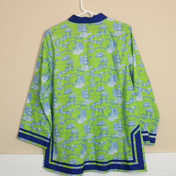 NWT Nicoblu Capri Tunic in Lime Green and Blue Scenic Toile Oriental Print Large - Picture 7 of 7